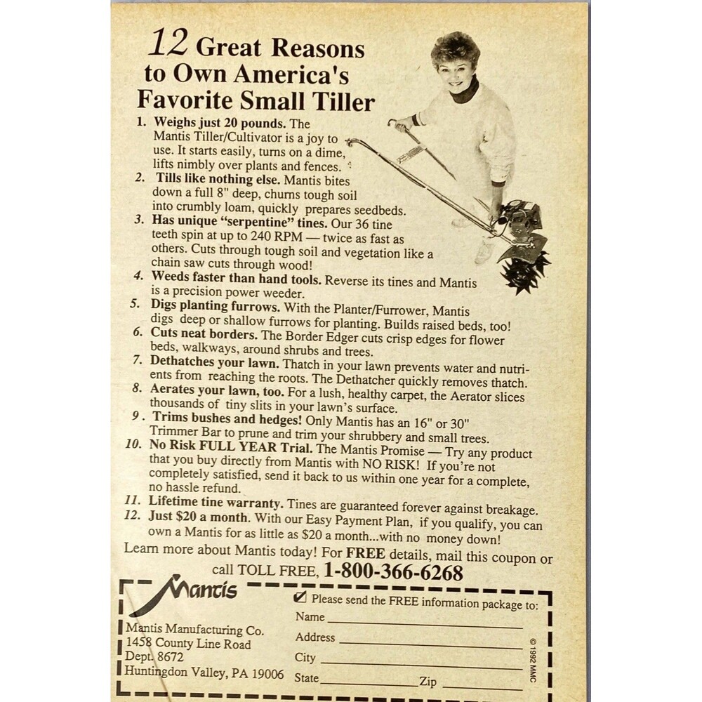 Mantis Manufacturing Small Tillers (12 Reasons to Own One" Vintage Print Ad 1993